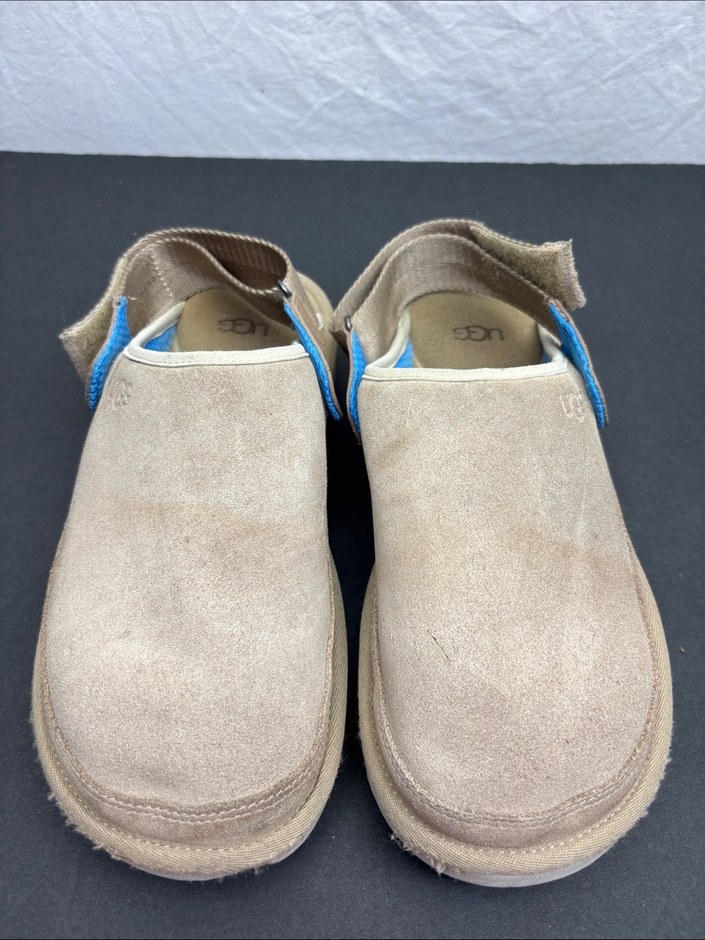 MENS UGG Tan Suede Slip-On Clogs with Blue Accent
